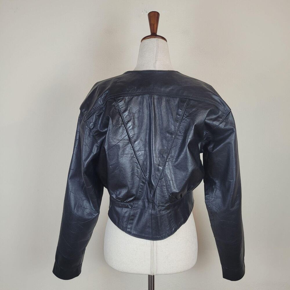 Vintage Black Leather Jacket Med Statement Rocker 80s Cropped Retro Edgy Biker - Picture 3 of 8